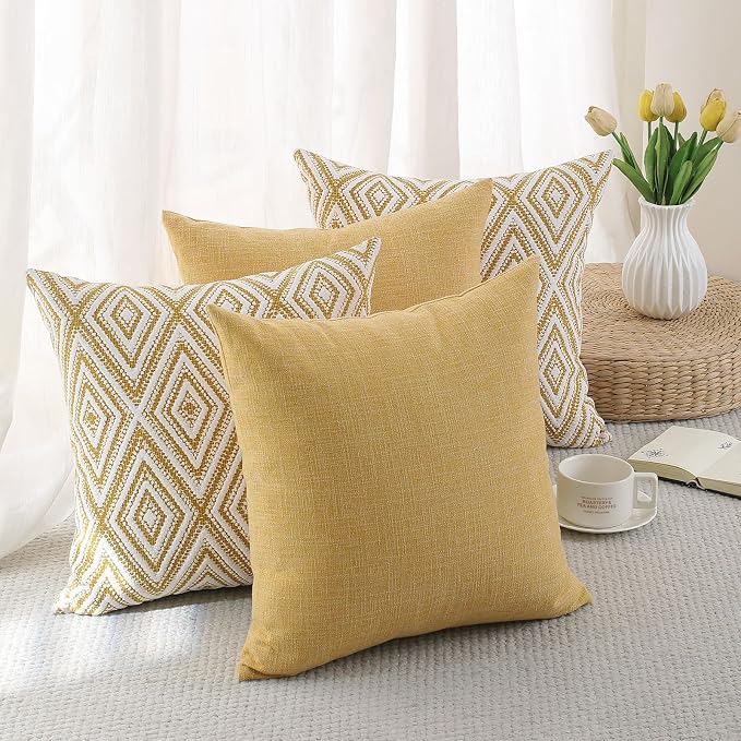 HPUK Throw Pillow Covers 18x18 Inch Set of 4, Linen Decorative Pillow Covers, Accent Cushion Covers for Couch Sofa Bed Bedroom Living Room Décor, Ochre