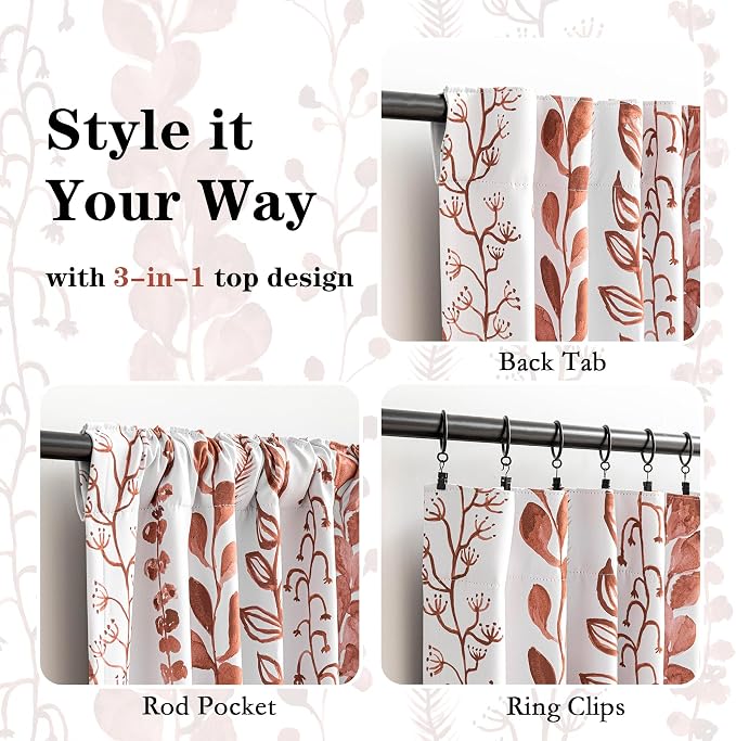 MEETSKY Boho Terracotta Blackout Curtains 84 Inches Long 2 Panels - Burnt Orange Curtains for Living Room Thermal Insulated Rod Pocket Drapes for Bedroom, Leaf Print Window Treatment, 50" Wide