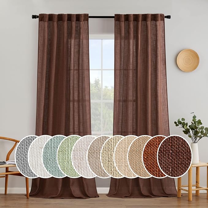 MIULEE Chocolate Brown Linen Curtains 96 Inch Long for Bedroom Living Room, Soft Thick Linen Textured Window Drapes Semi Sheer Light Filtering Back Tab Rod Pocket Burlap Look Decor, 2 Panels