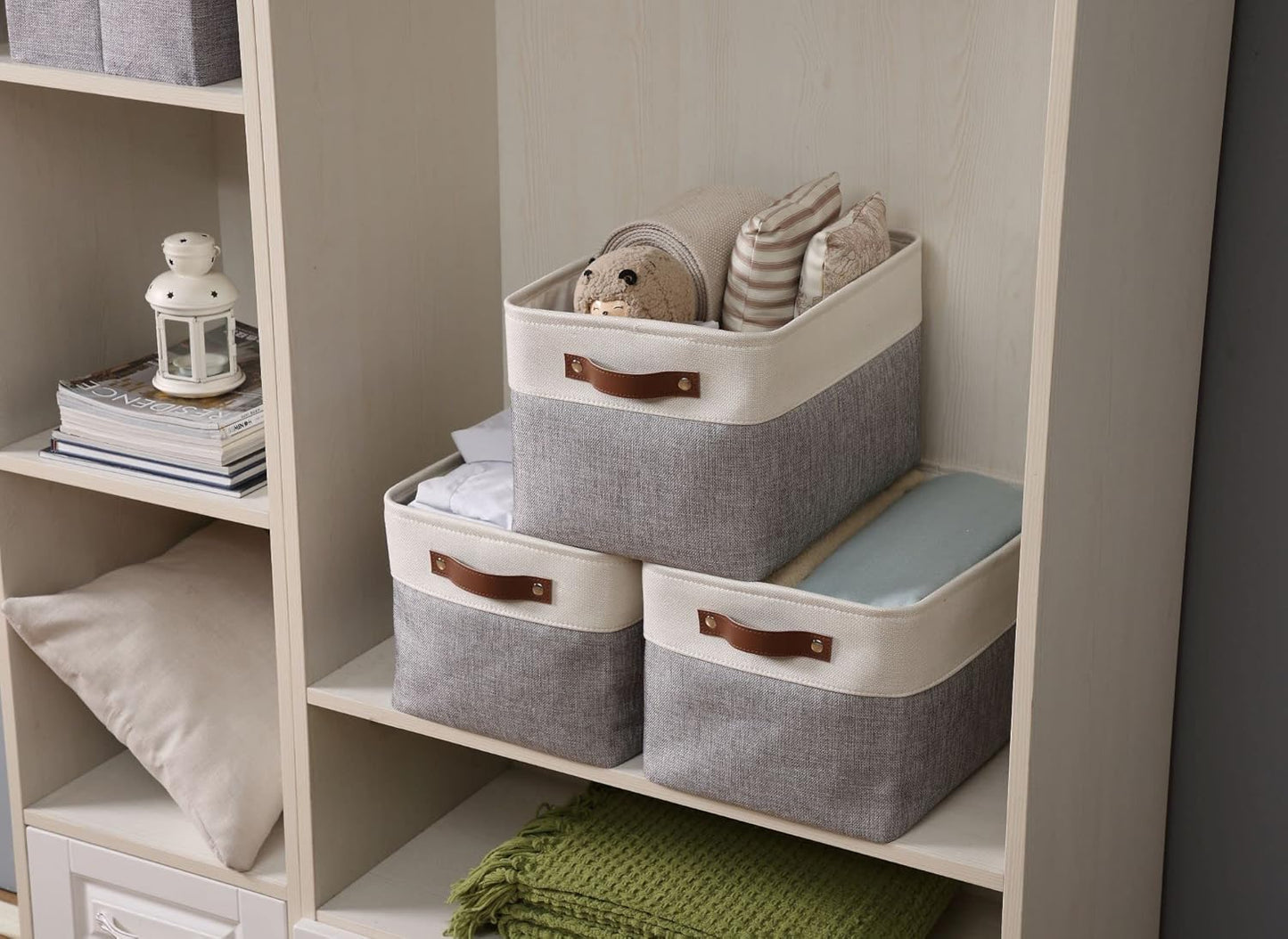DECOMOMO Storage Bins Fabric Storage Baskets for Shelves, Linen Closet Organization Toys Nursery (Grey and White, Large - 1 Pack)