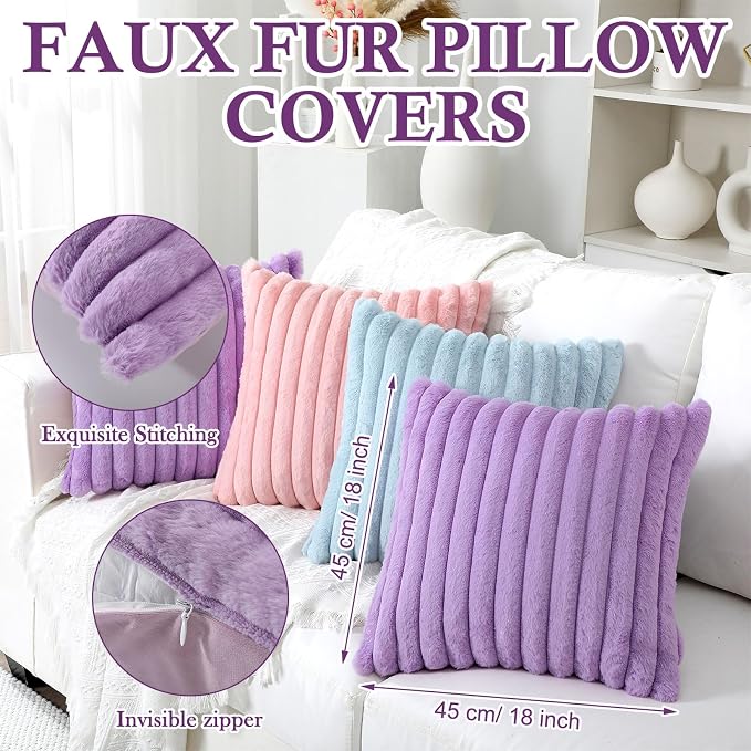 Mixweer 6 Pcs Back to School Faux Fur Plush Throw Pillow Covers 18x18 Inch Pastel Fluffy Decorative Striped Pillow Covers with Velvet Back for Sleepover Slumber Party Tent, Sofa, Classroom Home Decor