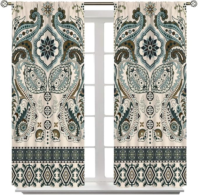 Bohemian-Style Curtains with Vintage Floral Patterns in Green and Brown Natural Tones; Blackout Curtains for Bedrooms, Living Rooms, and Kitchens84X84 Inch