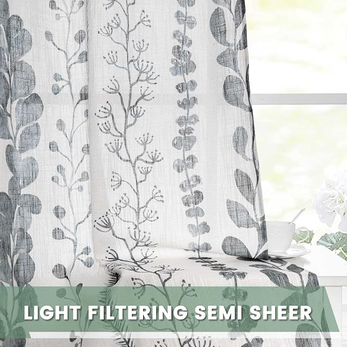 MEETSKY Boho Curtains for Living Room Light Filtering Privacy Protection Cotton Curtains 84 Inch Length 2 Panels Bohemian Linen Style Back Tab Window Leaf Print Classical Drapes for Dining Room