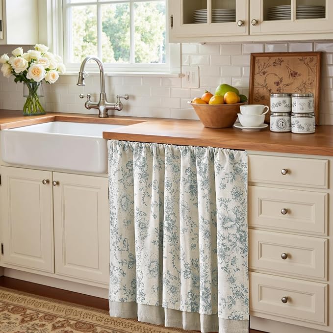 jinchan Linen Kitchen Curtain 36 Inch French Floral Double Layer Curtain Farmhouse Vintage Tier Drape Rustic Half Window Curtain for Living Room Window Treatment Rod Pocket 1 Panel Blue on Beige