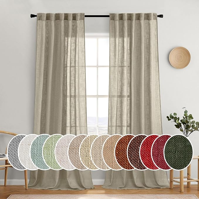 MIULEE Oatmeal Linen Curtains 96 Inches Long 2 Panels for Bedroom Living Room, Soft Thick Linen Textured Natural Window Drapes Semi Sheer Light Filtering Back Tab Rod Pocket Burlap Look Decor