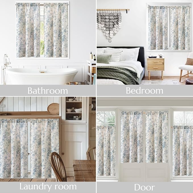 jinchan Floral Linen Tier Curtains 45 Inch Farmhouse Botanic Cafe Drapes for Small Windows Rustic Half Window Curtains for Kitchen Living Room Bathroom Laundry 2 Panels Blue on Beige