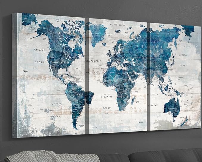 Large World Map Canvas Wall Art for Home Office Living Room Decor | Framed Artwork Oversized Blue Global Maps Pictures Inspirational Wall Decor for Apartment Masculine House