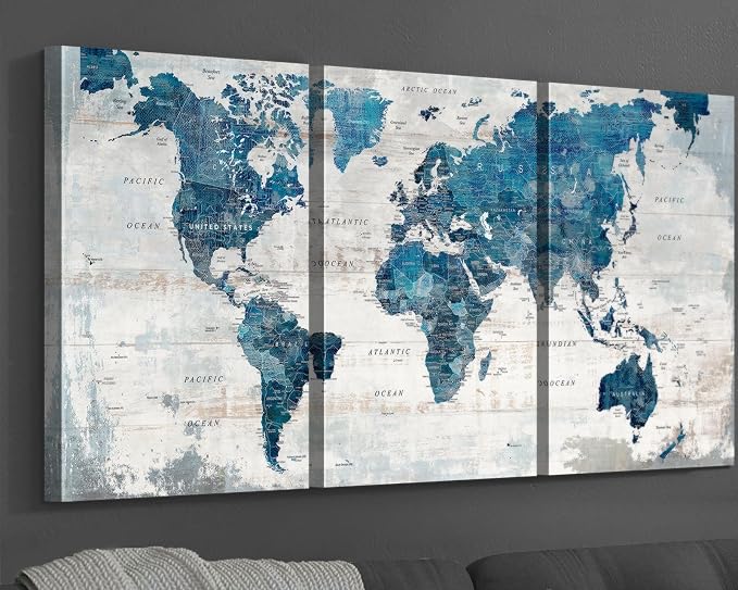 Canvas Wall Art Blue World Maps for Wall Office Living Room Artwork | Framed Large Pictures for Bedroom Conference Room Neutral Painting Modern Home Decorations 3 Piece