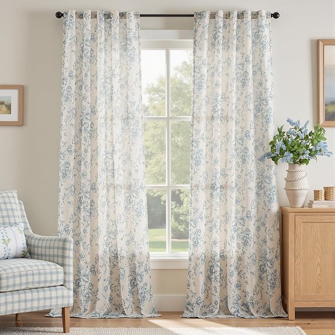 jinchan Linen Blend Curtain Floral Curtains for Living Room 96 Inch Length Blue Printed Curtain Rod Pocket Back Tab Farmhouse Peony Flower Patterned Drapes Bedroom Window Curtains Set 2 Panels