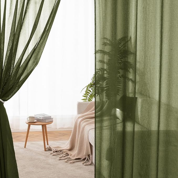 MIULEE 2 Panels Olive Green Semi Sheer Window Curtains Elegant Grommet Top Window Voile Drapes/Treatment Linen Textured Dark Green Panels for Bedroom Living Room (54X72 Inches)