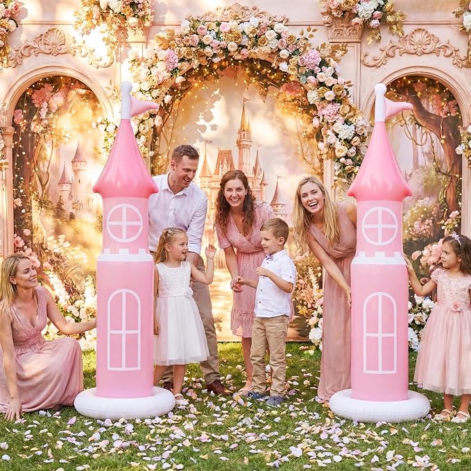 2 Pack 6.2 ft Birthday Party Decorations, Castle Inflatable Stand Castle Blow up Yard Decorations for Garden Indoor Outdoor Party Supplies(Pink, Princess)