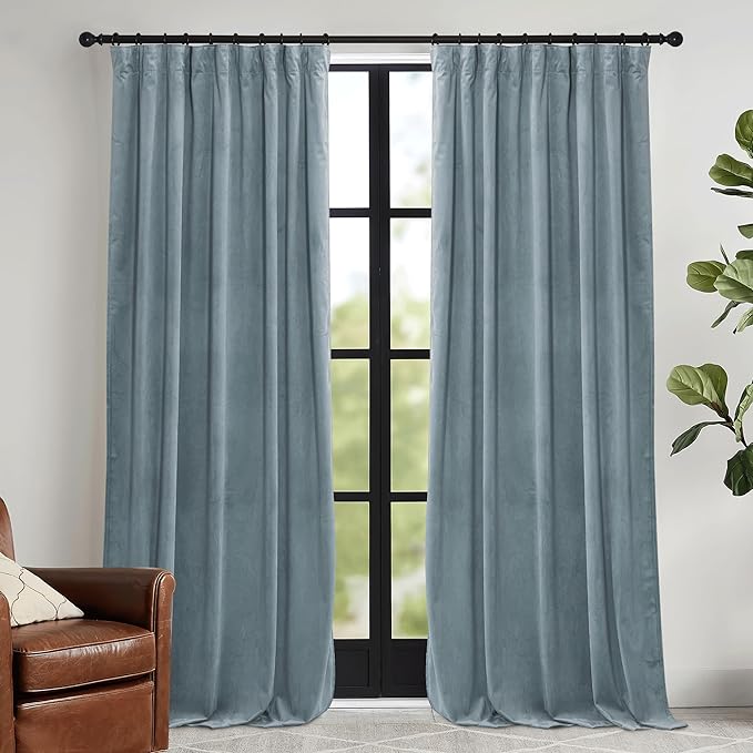 RYB HOME Stone Blue Velvet Curtains for Bedroom Living Room, Thermal Insulated Privacy UV Heat Blocking Luxurious Drapes for Nursery Dining Room, 52"W x 80"L, 2 Panels, Rod Pocket/Back Tab/Hook Belt