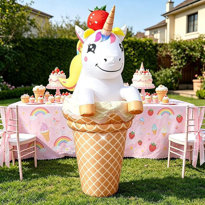 5FT Inflatable Unicorn with Ice Cream Cone for Summer Outdoor Decorations, Giant Blow Up Ice Cream Built-in LED Lights for Sweet Candy Theme Girls Birthday Party, Beach Pool Yard Garden Photo Backdrop