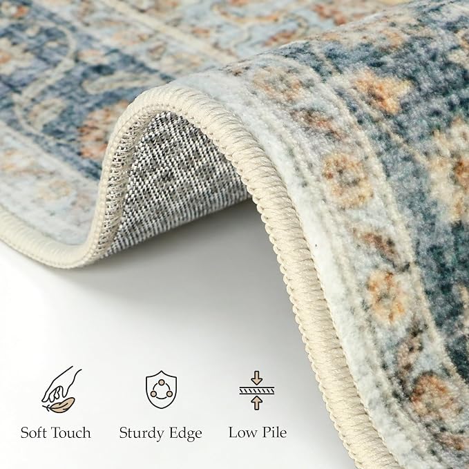 GENIMO 9x12 Area Rugs for Living Room, Machine Washable Non Slip Rugs, Low Pile Lightweight Print Rug for Bedroom, Dining Room, Home Office, Vintage Blue Medallion