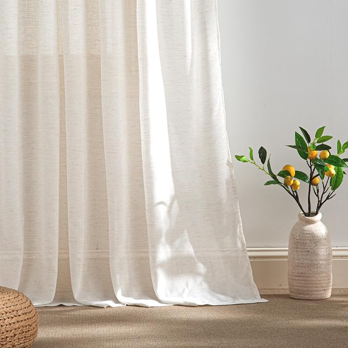 RYB HOME Sheer Curtains 108 inches Long Linen Blend Vertical Extra Long High Ceiling Window Drapes for Living Room, Office, Nursery, Rod Pocket & Back Tab, Ivory, W 52 x L 108 inch, Set of 2