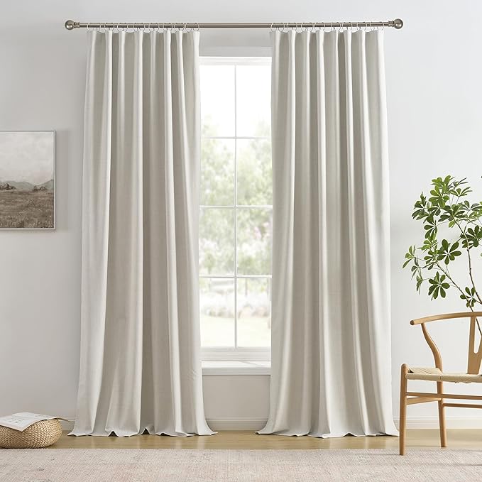 2 PCs Extra Wide Linen Blackout Curtains 108 Inches Long,Back Tab Pleaetd Drapes with Hooks Track System Curtain Panels for Large Windows Patio Sliding Door Living Room 70 x 108 Natural Birch