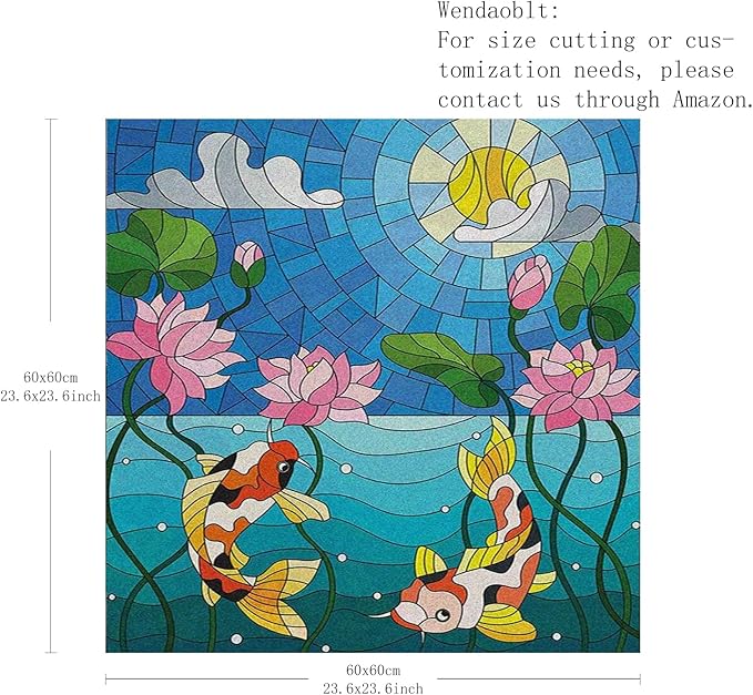 Koi Fish Privacy Window Film, Stained Glass with Lotus Flowers Oriental Design, Decorative Window Film for Bathroom Kids Room Sliding Door, Blue 60x60cm/23.6x23.6in