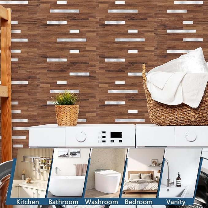 Yipscazo 20 Sheets PVC Wall Tiles Stick on Tiles for Backsplash Kitchen, Bathroom, Laundry Room, Camper, Fireplace (6'' X 12'', Brown Wood)