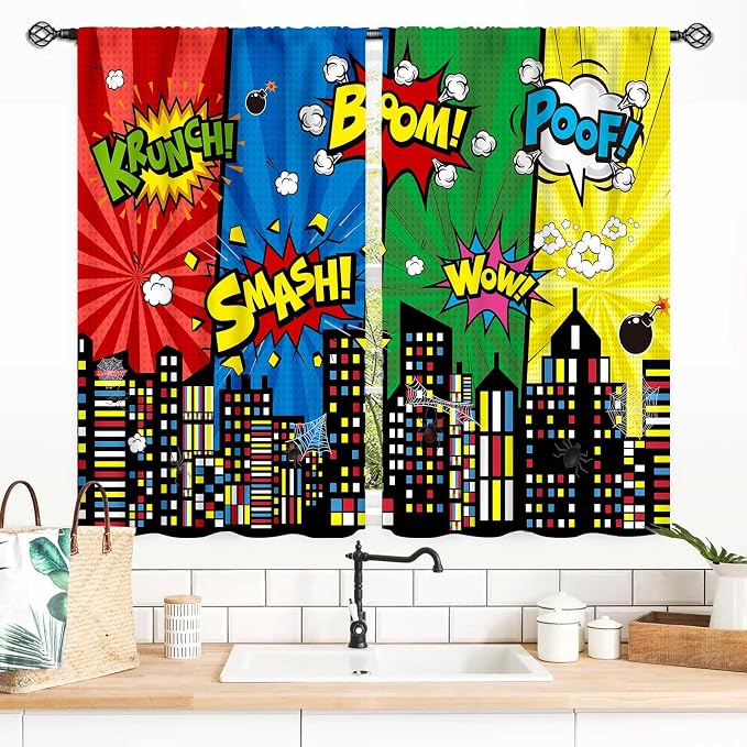 Super City Hero Curtain, Comic Style Cityscape Skyline Buildings Cartoon Window Curtains for Boys Kids Teens Baby Room Bedroom Living Nursery 2 Panel Sets, 55x39 Inch