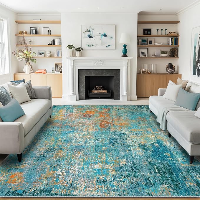 RELEANY Washable Area Rugs 5'x8' Non-Slip Modern Abstract Soft for Living Room Entryway Bedroom Kitchen, Print Pattern, Teal Blue Green Orange Rust Red Colorful