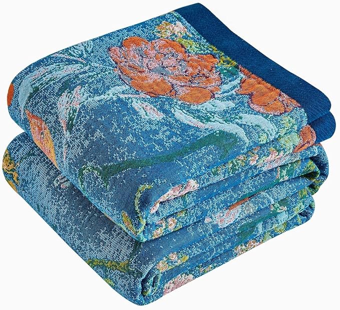 Boho Throw Blanket 100% Cotton Muslin Woven Blanket Bohemian Bed Throws Vintage Rustic Farmhouse Decor Reversible Bed Blanket Quilt for All Seasons（Blue 90"x98"）