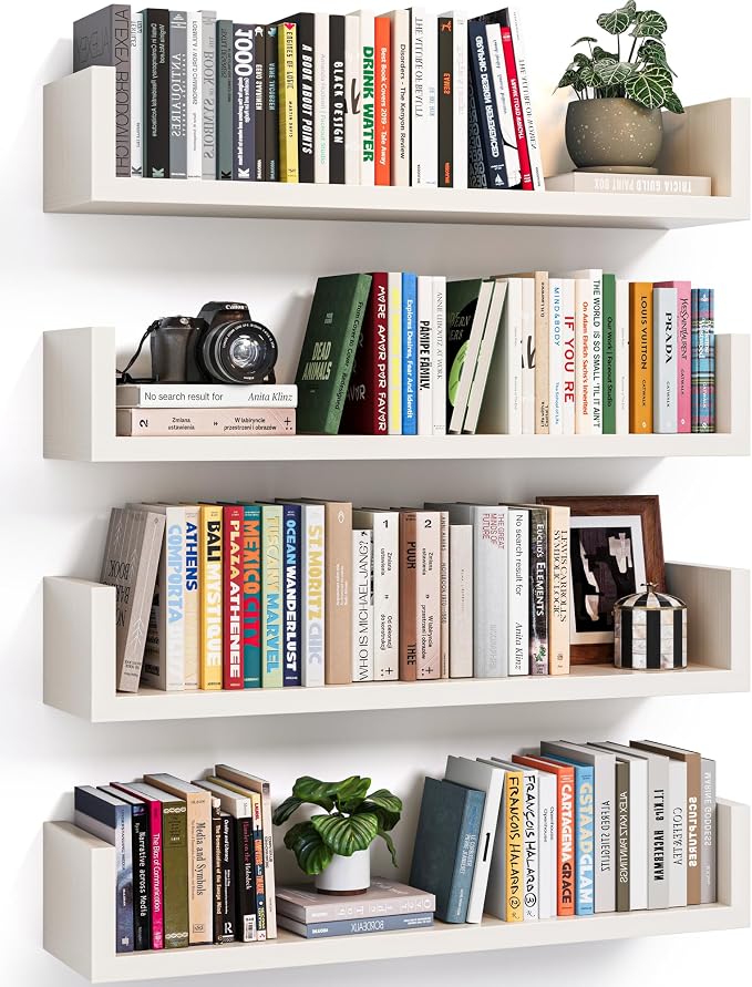 Floating Bookshelves for Wall - Wall Mounted Bookshelf Set of 4, U-Shaped Hanging Bookshelf for Bedroom, Living Room & Office, Wall Book Shelf for Home Decor & Storage (4, White, 17 Inches)