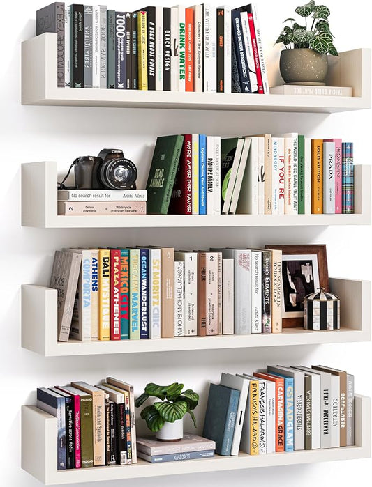 Floating Bookshelves for Wall - Wall Mounted Bookshelf Set of 4, U-Shaped Hanging Bookshelf for Bedroom, Living Room & Office, Wall Book Shelf for Home Decor & Storage (4, White, 17 Inches)