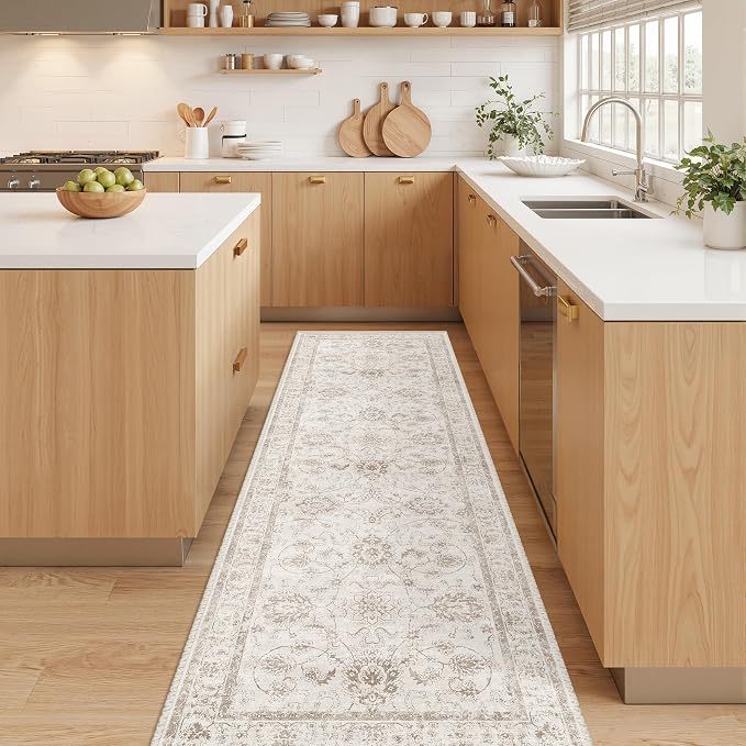 Madane Washable Runner Rug 2x5 with Non-Slip Rubber Backing, Vintage Kitchen Hallway Rug Soft Low Pile Throw Carpet Runner for Entryway Laundry Bathroom Bedroom Living Room (2 x 5, Brown/Ivory)