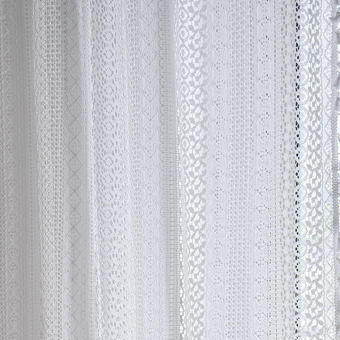 Sutuo Home White Boho Curtains Crochet Lace Semi-Sheer Bohemian Hollow Knitted Handmade Tassels, Rod Pocket Window Treatment Vintage Rustic Farmhouse Drapes for Glass Slide Door, 1 Panel 59" W x 90" L