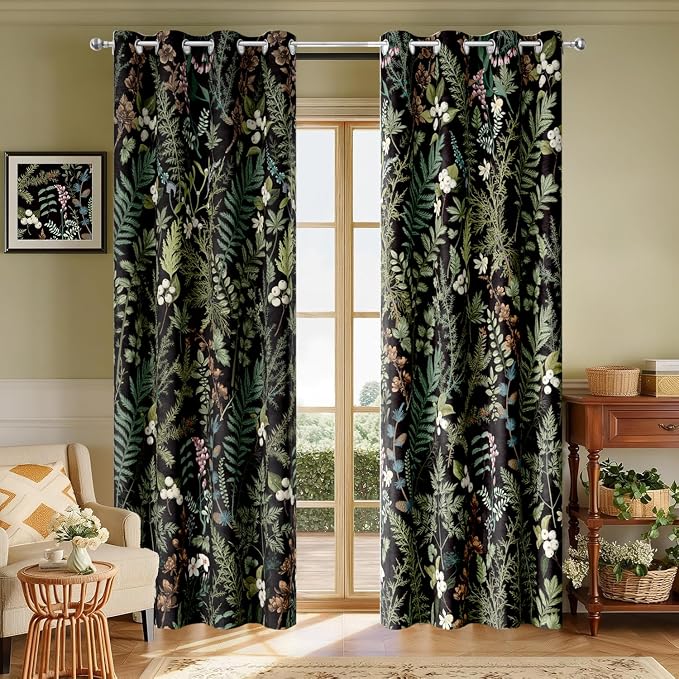 Retro Black Floral Leaf Blackout Curtains, Boho Vintage Botanical Flower Window Drapes, Living Room Bedroom Decor 2 Panels 52x84 Inch