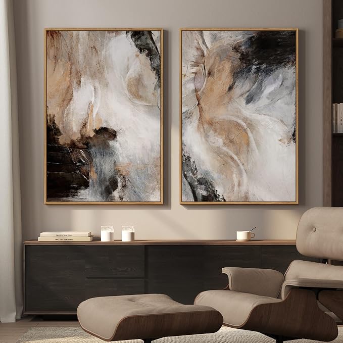 Large Framed Neutral Abstract Wall Art for Living Room, Set of 2 Brown Gray Black Modern Canvas Artwork for Walls, Luxury Watercolor Contemporary Painting Prints Wall Decor Hallway Office, 24x36 Inch
