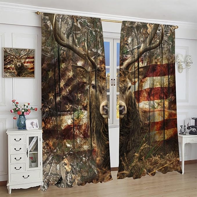 Vintage Bear Blackout Curtains for Kitchen Vintage Country Farmhouse Camouflage Forest Hunting Cabin American Flag Wild Elk Animal Windows Treatments for Bedroom Living Room 42x63in