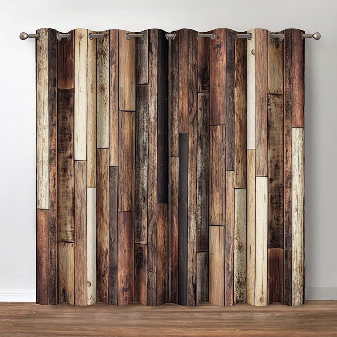 Jekeno Rustic Wooden Blackout Curtains Brown Wood Hardwood Floor Plank Board Door of Farmhouse Village Rural Lodge Retro Decor for Bedroom Living Room Grommet Window Drapes 2 Panel Set, 42"x63"