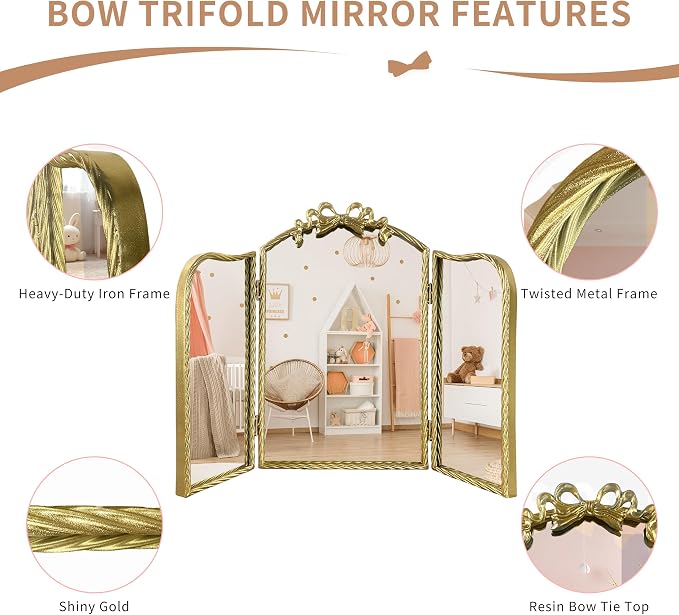 Gold Trifold Vanity Mirror Bow Top, 3-Way Makeup Mirror, Wall Mirrors for Entryway, Dresser Mirror for Bedroom, Wall Mirrors over Bathroom Sink, Decorative Mirror for Mantle, Wall-Mount Tabletop