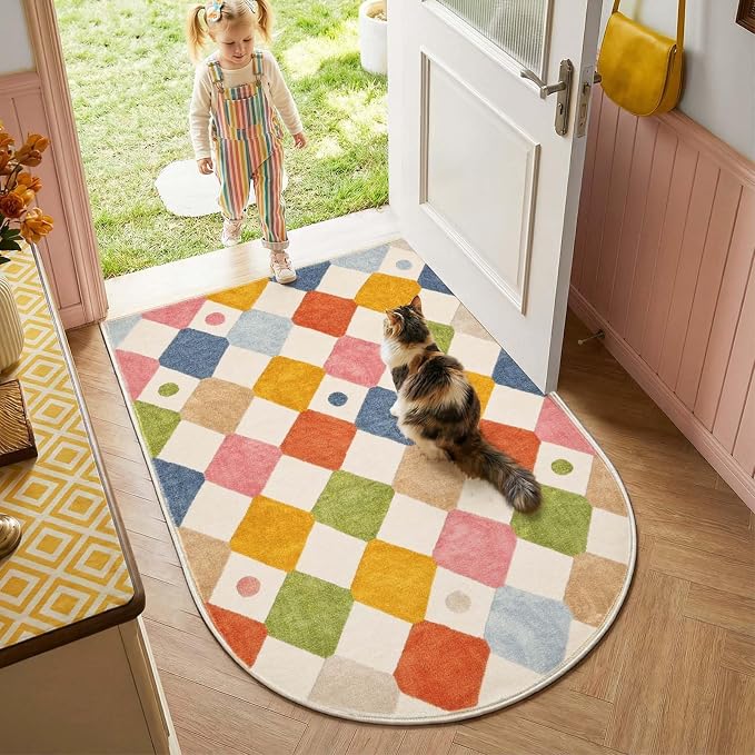 jinchan Macy Arched 3x5 Washable Kids Area Rug, Modern Colorful Checkered Diamond Rug for Nursery Kids Room Study Corner, Soft Low-Pile Non-Slip Doormat Dirt Trapping Chair Mat, Circus on Cream