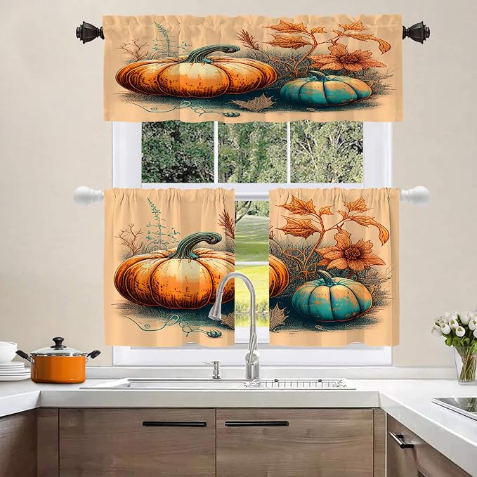 Shrahala Autumn Pumpkin Harvest Blackout Curtain Tiers, Abstract Art Hand Painting Flowers Grass Kitchen Valance Light Blocking Tier Drapes with Rod Pocket, 2 Pack 26 X 24 in