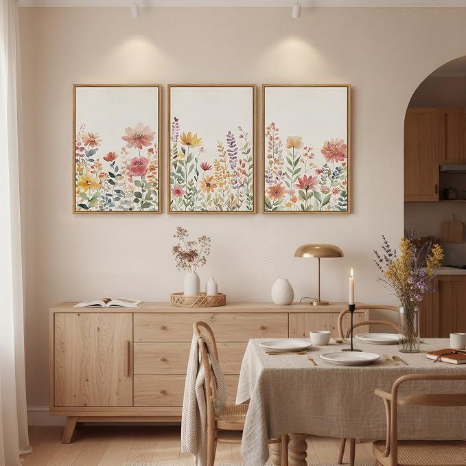 Framed Watercolor Botanical Wall Art for Bedroom, 3 Piece Colorful Floral Canvas Artwork for Walls, Large Farmhouse Wildflower Flower Prints Paintings for Living Room Entryway Wall Decor 16x24 Inch