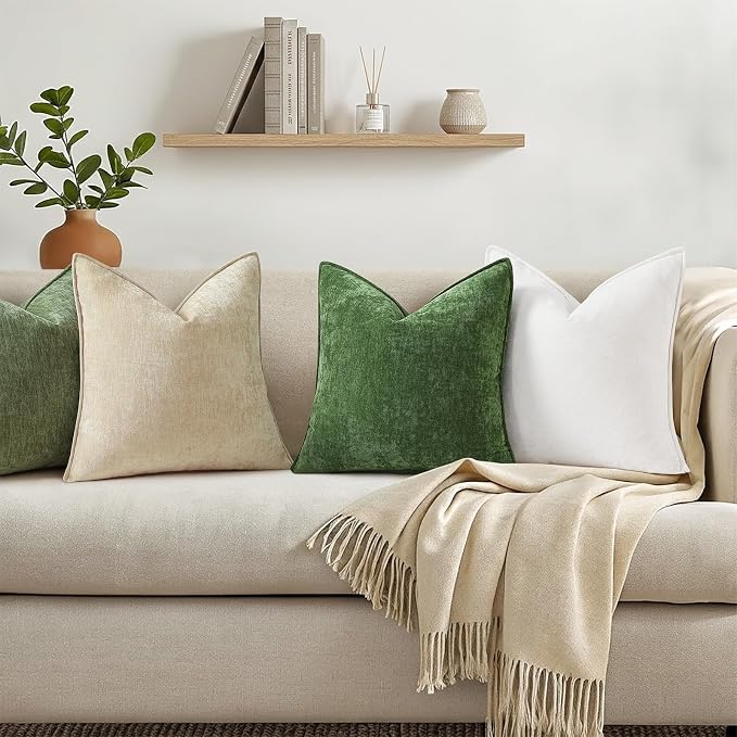 decorUhome Fall Couch Throw Pillow Covers 12x20 Set of 2, Decorative Soft Velvet Modern Cozy Chenille Lumbar Pillow Cases with Elegant Design for Sofa Bed Living Room Home Decor, Moss Green