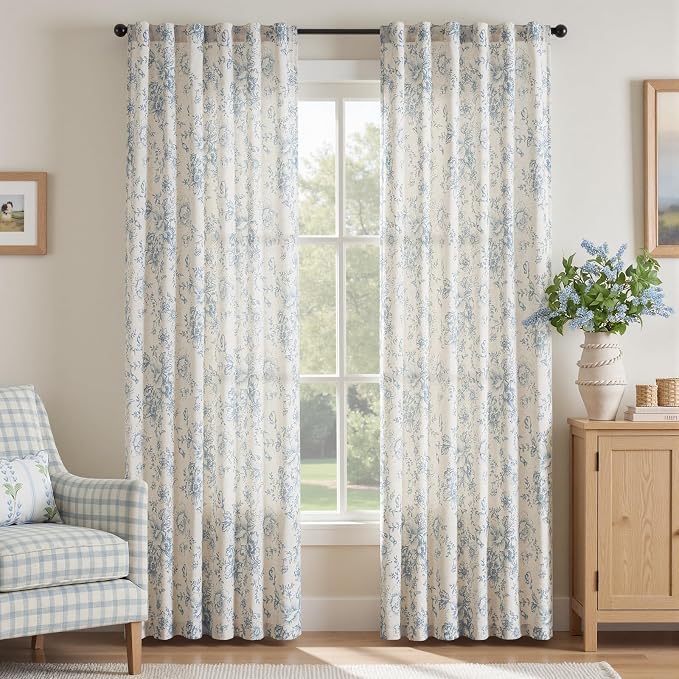 jinchan Linen Blend Curtain Floral Curtains for Living Room 84 Inch Length Blue Printed Curtain Rod Pocket Back Tab Farmhouse Peony Flower Patterned Drapes Bedroom Window Curtains Set 2 Panels