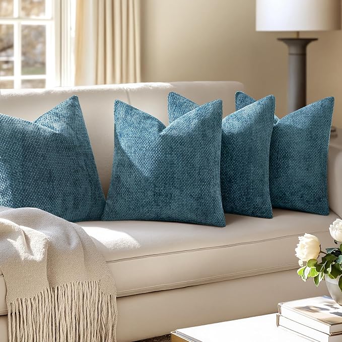 MIULEE Pack of 4 Couch Throw Pillow Covers 20x20 Inch Smoke Blue Soft Decorative Chenille Pillow Covers Farmhouse Accent Cushion Covers for Boho Spring Home Decor Sofa Bedroom Living Room