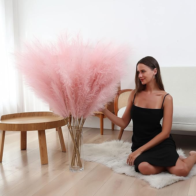 8 Pcs 45 inch Tall Faux Pampas Grass Decor, Large Artificial Pink Pompous Grass Bulk, Long Fake Pompas for Floor Vase Filler, Wedding, Baby Shower, Home and Boho Decor (Pink)