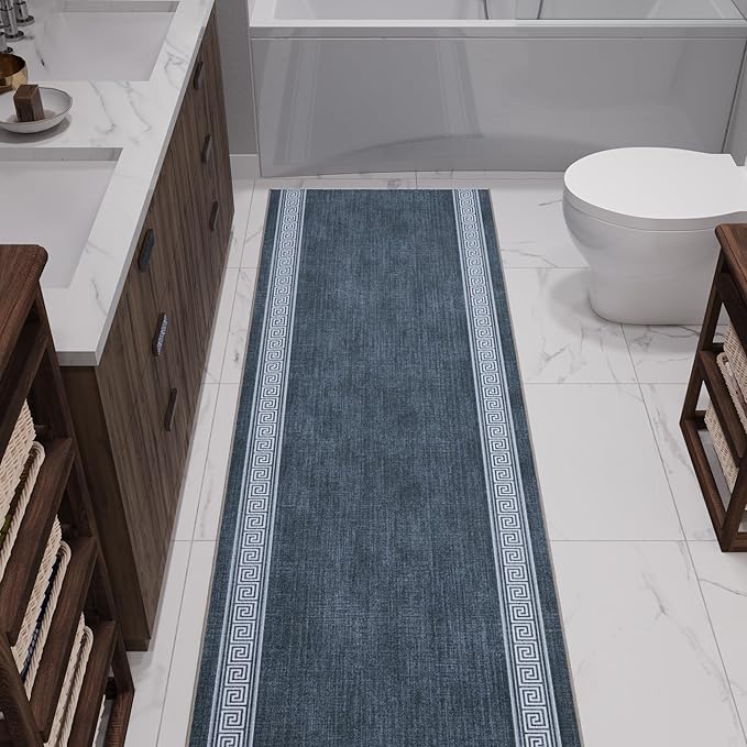 Ottomanson Aisle Runner Rug 2'7" x 26' – Soft Non-Slip Rug, Low Pile Carpet for Hallways, Events, Churches & Extra-Long Indoor Spaces, Greek Border Greyish Blue