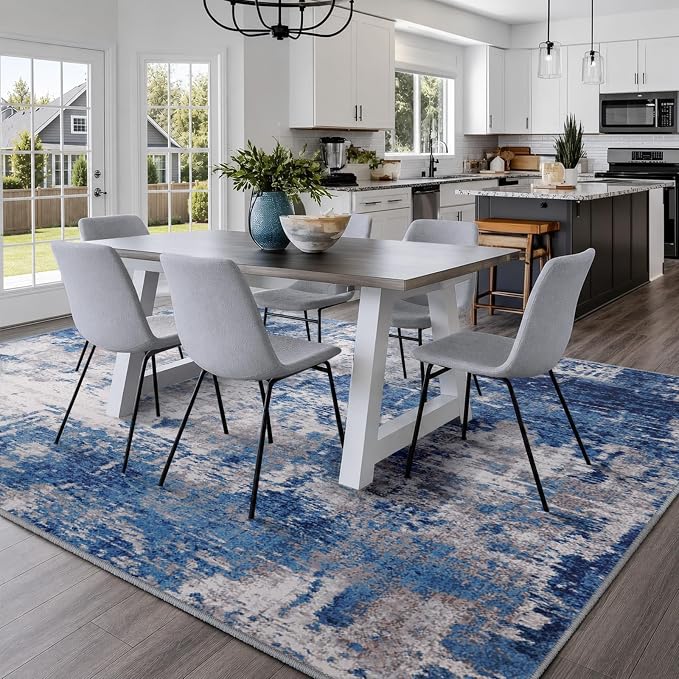 RELEANY Washable Area Rugs 10'x12' Non-Slip Modern Abstract Soft for Living Room Entryway Bedroom Kitchen, Print Pattern, Blue Grey Navy Gray