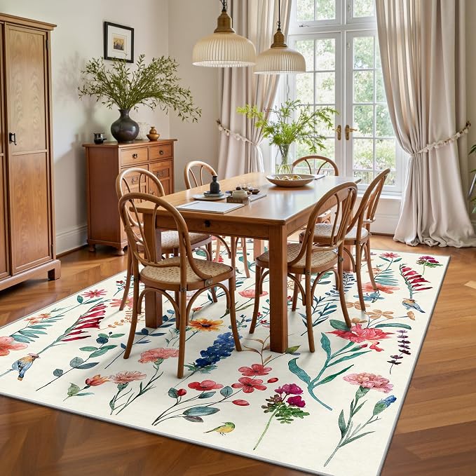 5x7 Area Rugs, Floral Washable Rugs for Living Room, Dining Room, Non-Slip Non Shedding Low Pile Home Decor Durable Bedroom Rug(Beige Floral)
