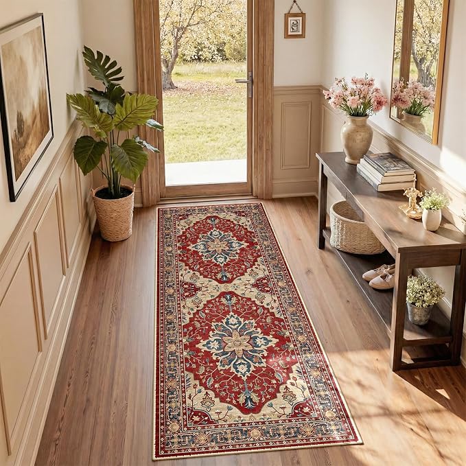 RELEANY Area Rugs Runner 2'x5' Washable Non-Slip, Floral Vintage Distress Medallion Carpet for Kitchen Hallway Bedroom Beside Laundry Room Bathroom, Red Blue