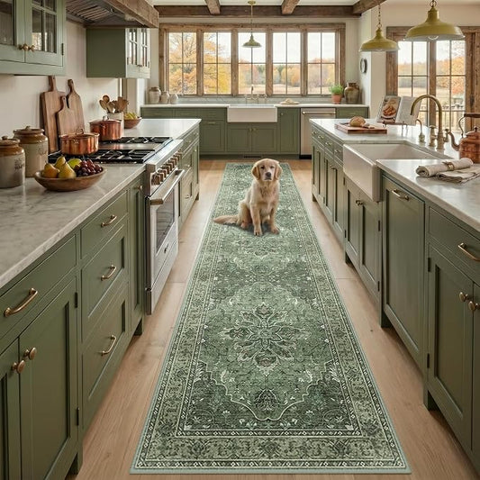 RELEANY Area Rugs Runner 2'6"x12' Washable Non-Slip, Floral Vintage Distress Medallion Carpet for Kitchen Hallway Bedroom Beside Laundry Room Bathroom, Dark Green Gray