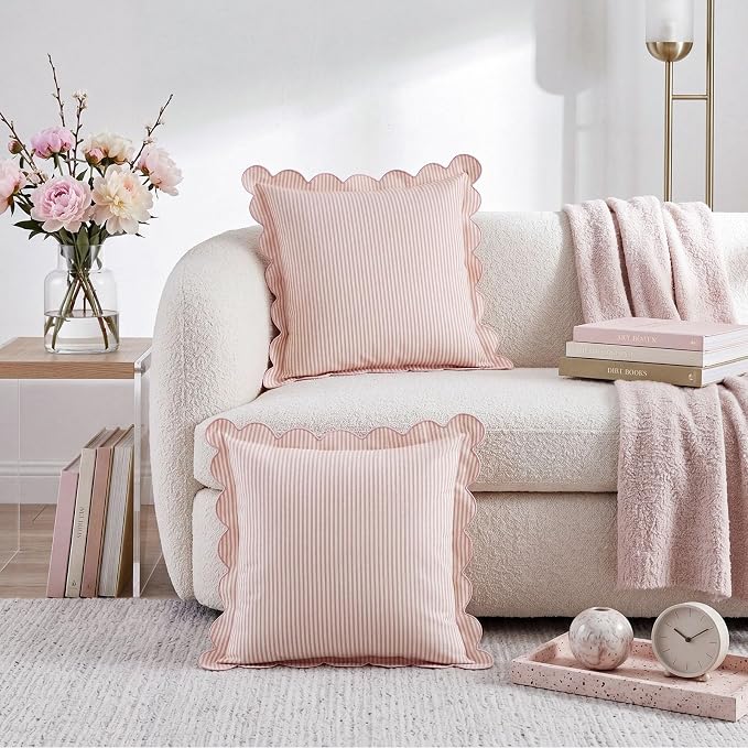 Newwiee 2 Pack Scalloped Pillow Cover 20 x 20 Inch Pink Stripe Throw Pillow Cover Cotton Decorative Pillowcase for Women Men Couch Living Room Cushion Indoor Outdoor Decoration