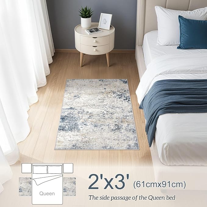 DMOYEST 2x3 Entryway Area Rug: Washable Neutral Modern Abstract Small Rug - Non-Slip Low Pile Throw Indoor Carpet for Entrance Kitchen Front Door Mat Bathroom Entry Kids Room - Beige Blue