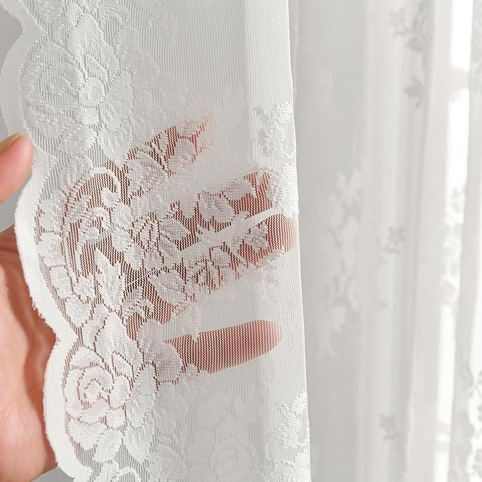 Kotile Ivory Lace Curtains 90 Inches Long 2 Panels, Country Rustic Floral Scalloped Lace Sheer Curtains for Living Room, Rod Pocket Privacy Vintage Lace Curtains, 42 x 90 Inch Each, Ivory