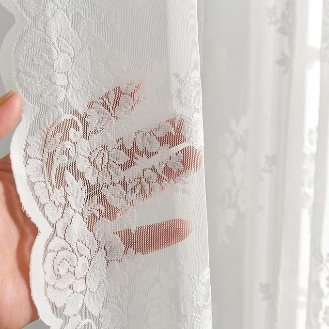 Kotile 80 Inch Long Lace Curtains 2 Panels Set, Country Rustic Leaf Floral Vintage Sheer Lace Curtains for Living Room, Rod Pocket Privacy Light Filtering Lace Window Curtains, 42 x 80 Inch, Ivory